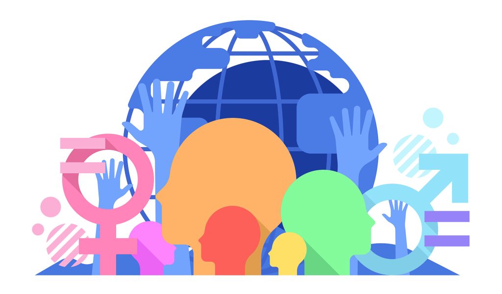 An illustration with raised hands, silhouettes of people in profile, multiple colors, gender signs, an equal sign and the world behind | Diversity: Forward Momentum