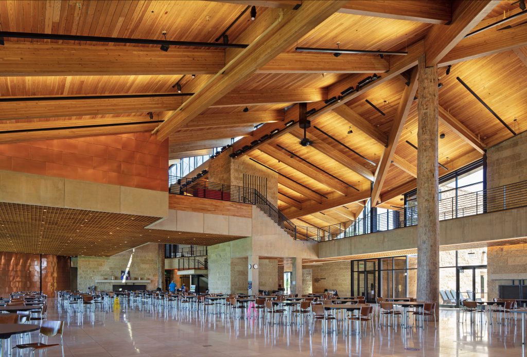 Speaking Native Architectural Language 1 Square downlights in the “Feast” avoid scalloping in the ceiling grid while up/down fixtures add dimension.