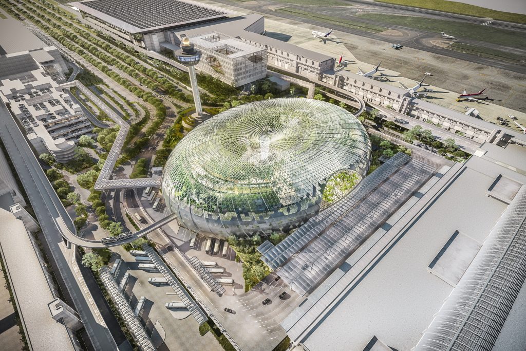 An aerial rendering of Jewel Changi Airport inspired by hand drawings made by Cristobal Correa. | Image: Courtesy of Safdie Architects/Jewel Changi Airport Devt.