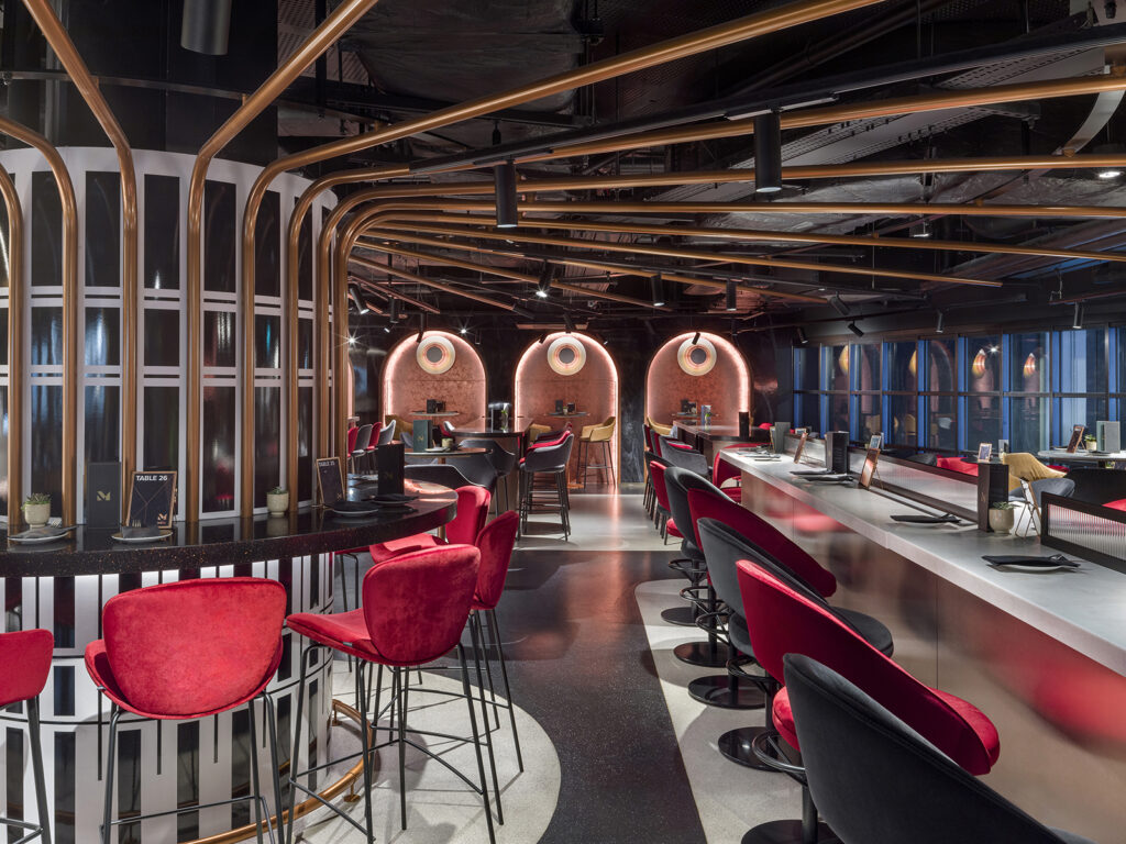 Project In Pictures: Pump Up the Jam | Nova62 Track Spot lights and Powergear Track lights support Robinson’s design intent fo- cused on contrast, while TinCan downlights provide comfort- able optics and slim, linear Micro S Profile fixtures add to the overall minimalist aesthetic.