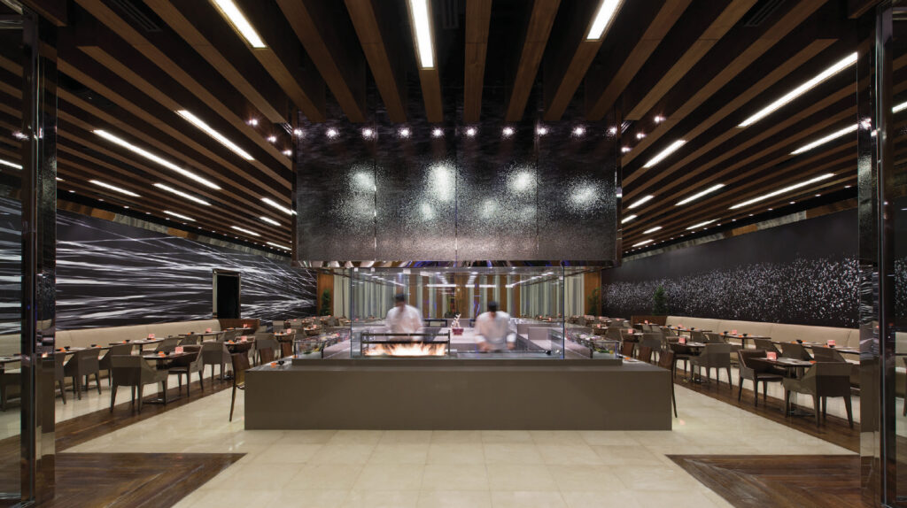 Lighting fixtures at the Solaire Manila Japanese restaurant take their aesthetic cues from the venue’s art and architecture. | Photo: George Epperson.