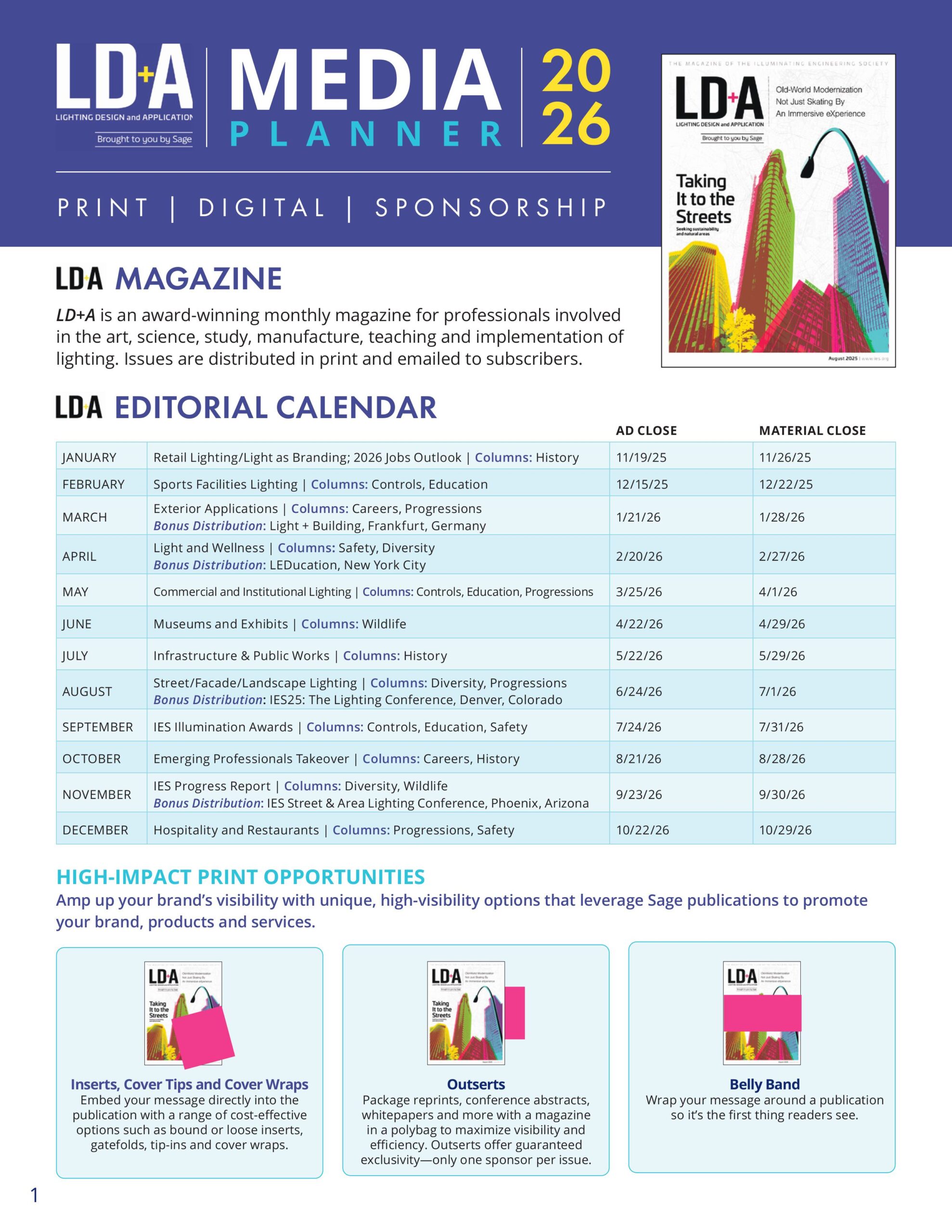 LD+A Media Planner 2026 | Lighting Design and Application | Brought to you by Sage | Print, digital, sponsorship | LDA Editorial Calendar | High impact print opportunities: Inserts, cover tips and cover wraps; outserts, and belly band