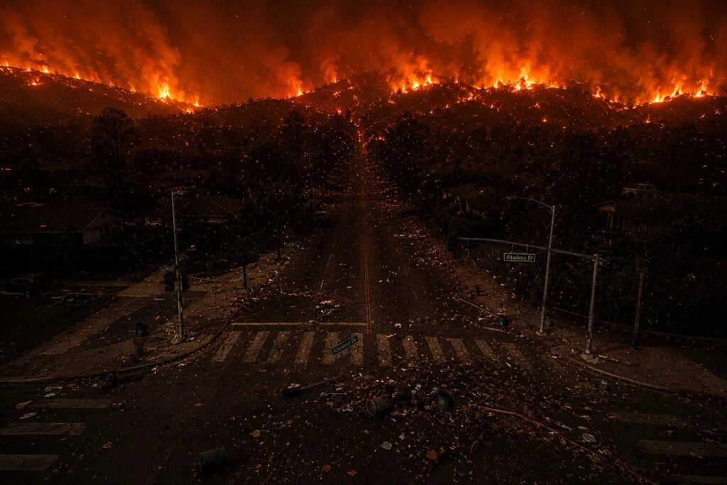 Designing for the New Normal | How climate change is redefining outdoor lighting infrastructure | Conventional street lighting fails precisely when communities need it most—during the extreme weather events that climate change is making more frequent. Image generated in Midjourney, May 2026.
