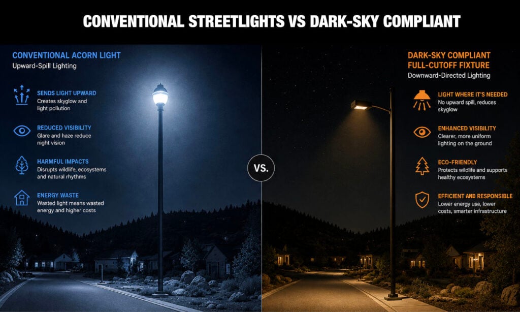 Designing for the New Normal 1 Designing for the New Normal | How climate change is redefining outdoor lighting infrastructure | Dark-sky-compliant design reduces ecological impact while concentrating light where it is needed, a shift that is increasingly required by code in wildland urban interface communities. Infographic by Heidi Adams.