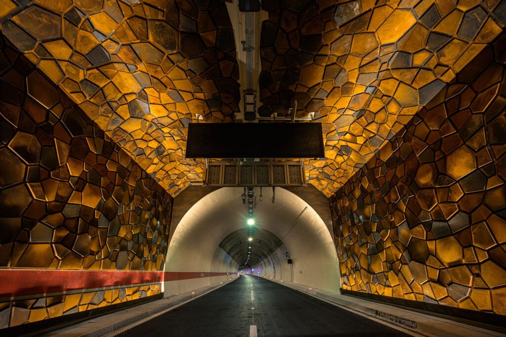 The Only Way Is Through | The Učka Tunnel in Croatia unites steel, stone, and sea | Thousands of steel pieces represent the geological layers of the mountain through which the tunnel travels. Photo by Danijel Bartolic