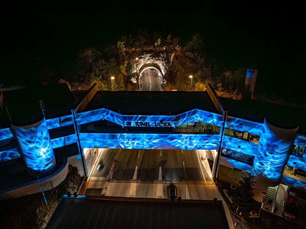 The Only Way Is Through 1 The Only Way Is Through | The Učka Tunnel in Croatia unites steel, stone, and sea | Snow, rain, and regional winds are represented through custom gobo projections. Photo by Danijel Bartolic