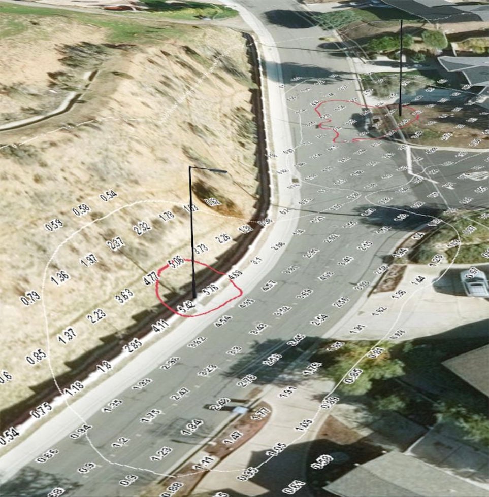 Sightlines | Civil Lighting Design: A Missing Discipline 1 SIGHTLINES | Civil Lighting Design: A Missing Discipline | Horizontal illuminance calculated on actual terrain in GIS. The slope, curve, and pole position are unique to this location. A typical layout on a flat surface would produce different results. Image: Ari Isaak