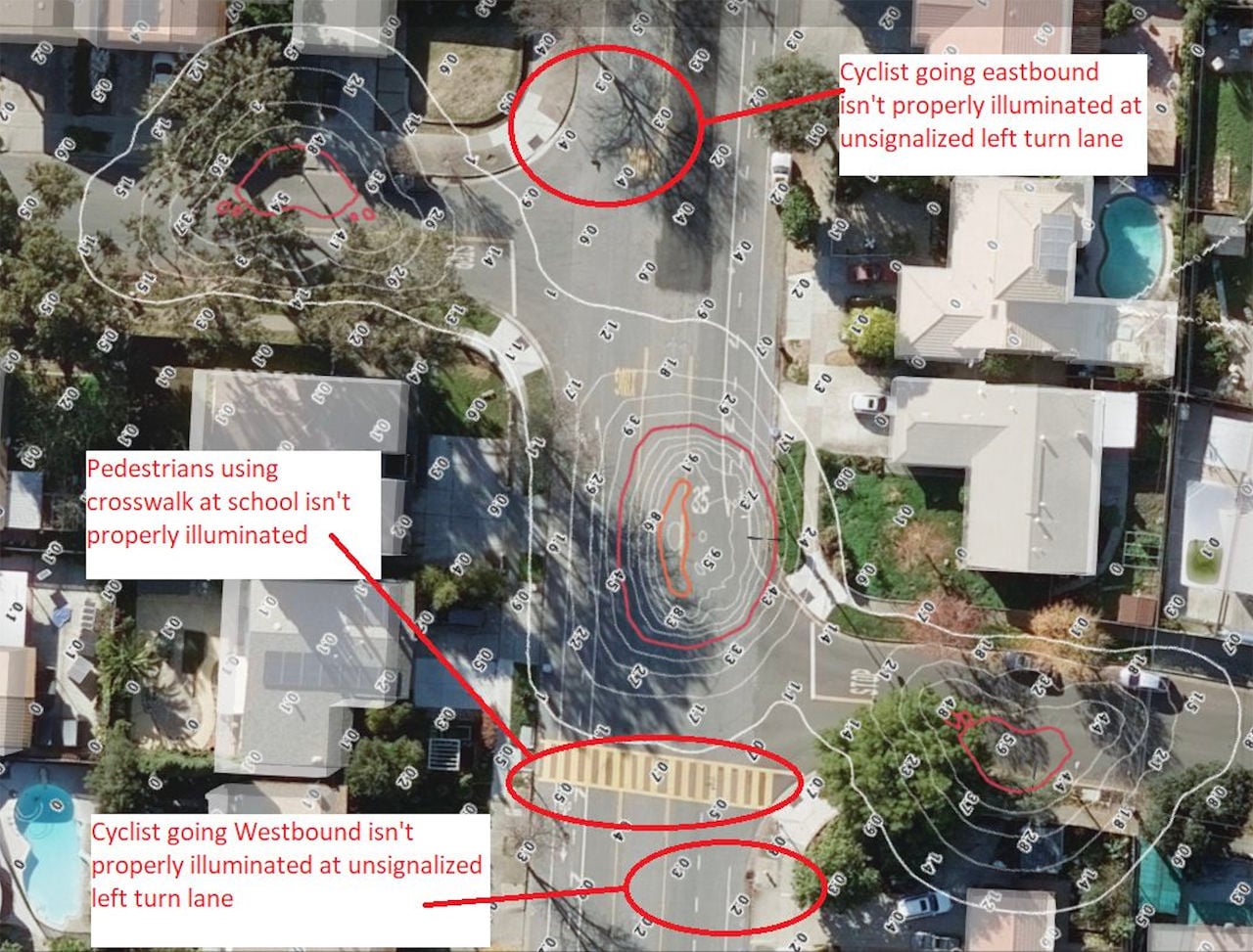 Sightlines | Civil Lighting Design: A Missing Discipline 2 SIGHTLINES | Civil Lighting Design: A Missing Discipline | Isolux contours calculated on actual geometry. Crosswalks and bike lanes aren’t getting lit, creating a transportation safety issue across from a school. Image: Ari Isaak
