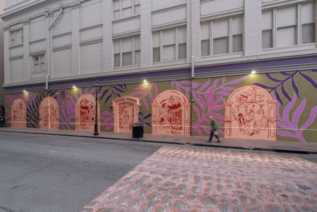 A Quarter for Your Thoughts | Weaving remembrance, culture, and community into the fabric of New Orleans | Updated downlighting called attention to murals and improved perception of safety in the French Doors Master Plan project. Photo: Jennie West