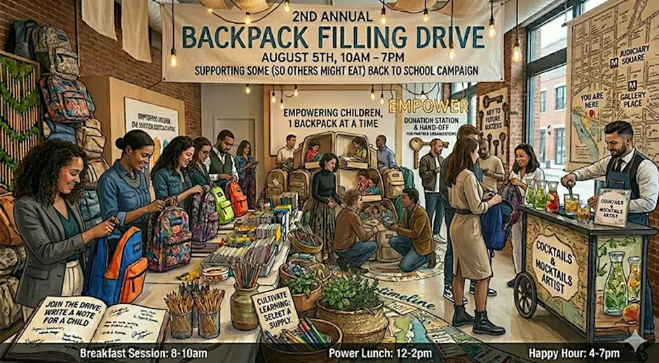 IES DC Section | Second Annual Backpack Filling Drive | Wednesday, August 5, 8 AM - 7 PM | Supporting some (so others might eat) back to school campaign | Breakfast Session: 8 AM to 10 AM | Power Lunch: 12 PM to 2 PM | Happy Hour: 4 PM to 7 PM