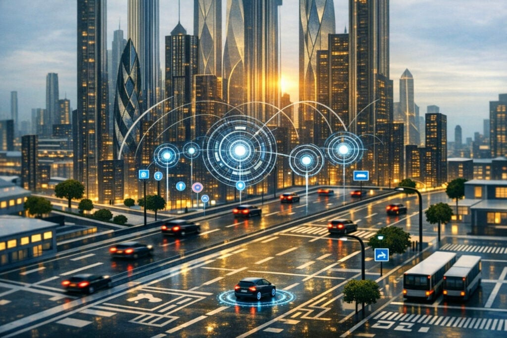 Not Kicked to the Curb— Connected to It | Smart vehicle technology and the future of roadway lighting | Image depicting a futuristic city with tall buildings, cars on the roads and examples of modern roadway lighting. Image: Generated by Microsoft CoPilot, March 2026