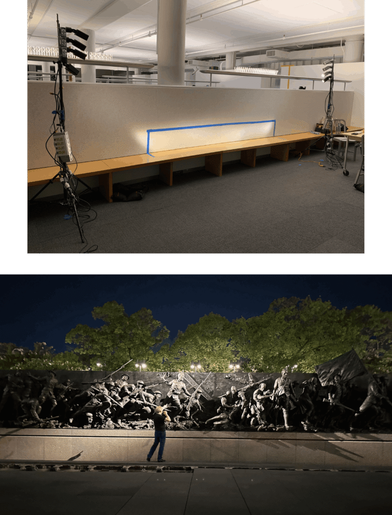 A Journey of Remembrance 1 A Journey of Remembrance By David Shiller | Recasting the National World War I Memorial | Spotlights were carefully aimed during the final site installation for the 58-ft-long bronze sculpture wall. The top photo shows the behind-the-scenes testing process, while the bottom image depicts the final result | Photos: Fisher Marantz Stone