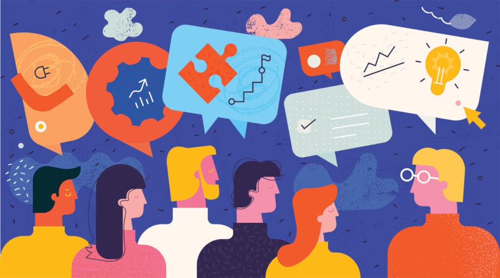 Education: The Skills that Make Better Lighting Advocates | Colorful illustration of 5 people with different appearances talking about different ideas or concepts