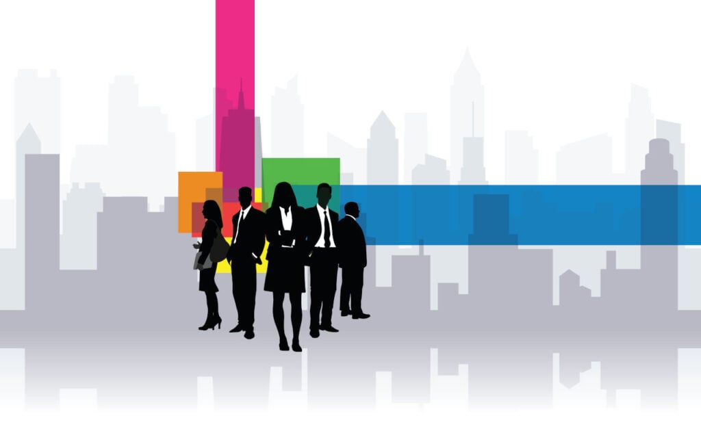 Emerging Perspectives | Illustration of five people on office suites, three looking forward, one looking to the left, one to the right with a big city background | Illustration: iStockphoto/A-Digit