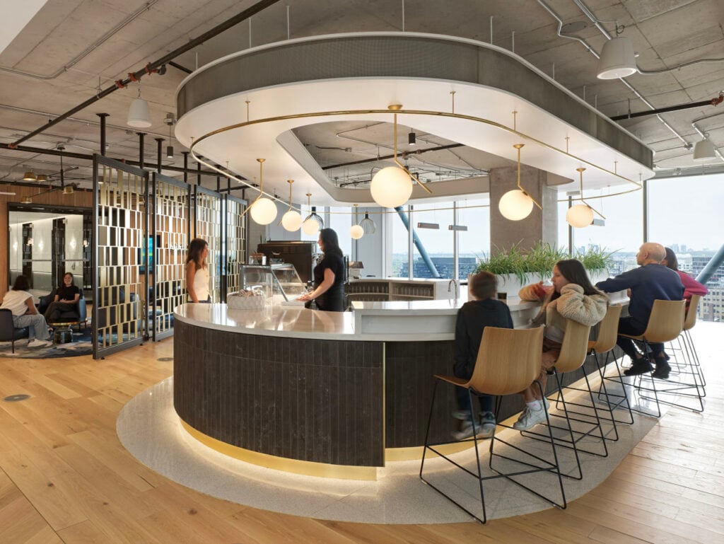 Hospitality in the Workplace | Globe pendants draw people toward the gelato bar | Photos: AFrame Studio