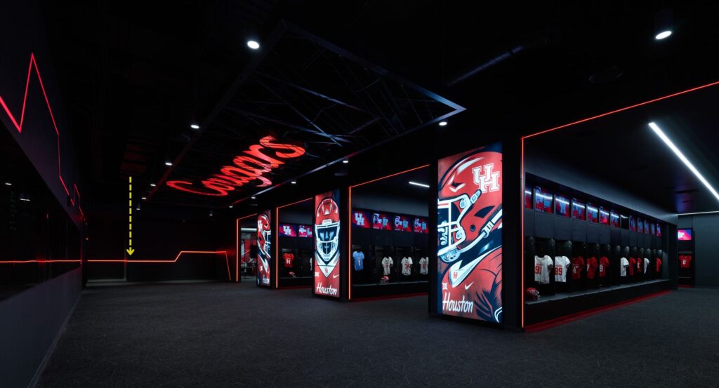 Project in Pictures: Entering Cougar Territory | Field-mitered channels house dual rows of red LEDs to create the “surge” lighting motif.